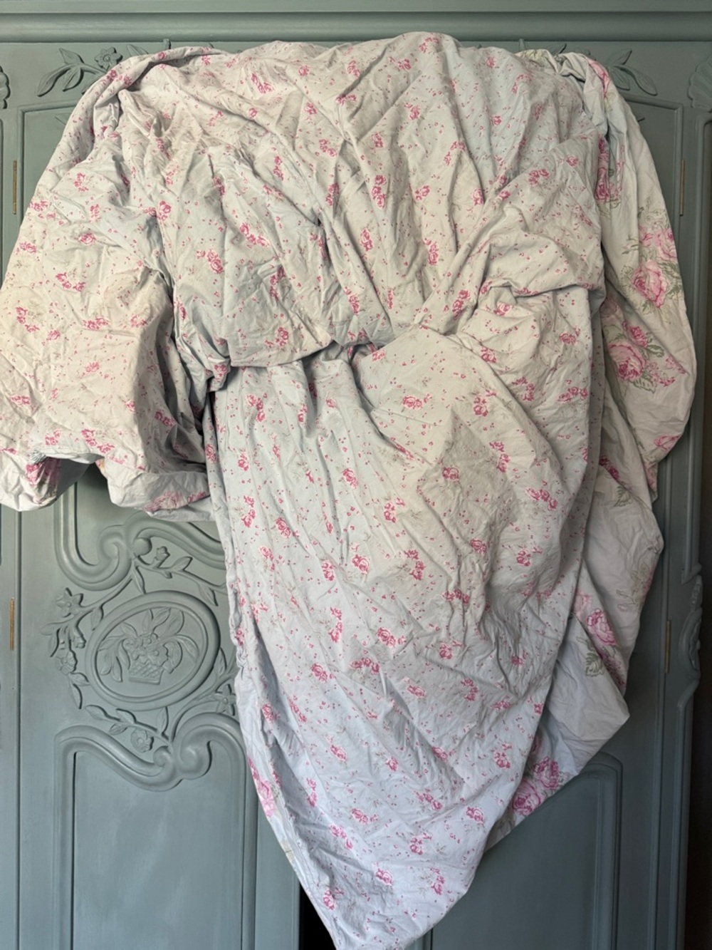 (Flawed) Shabby Chic Blue Floral Queen Duvet Cover 100% Cotton Natural Fibers - Picture 3 of 10